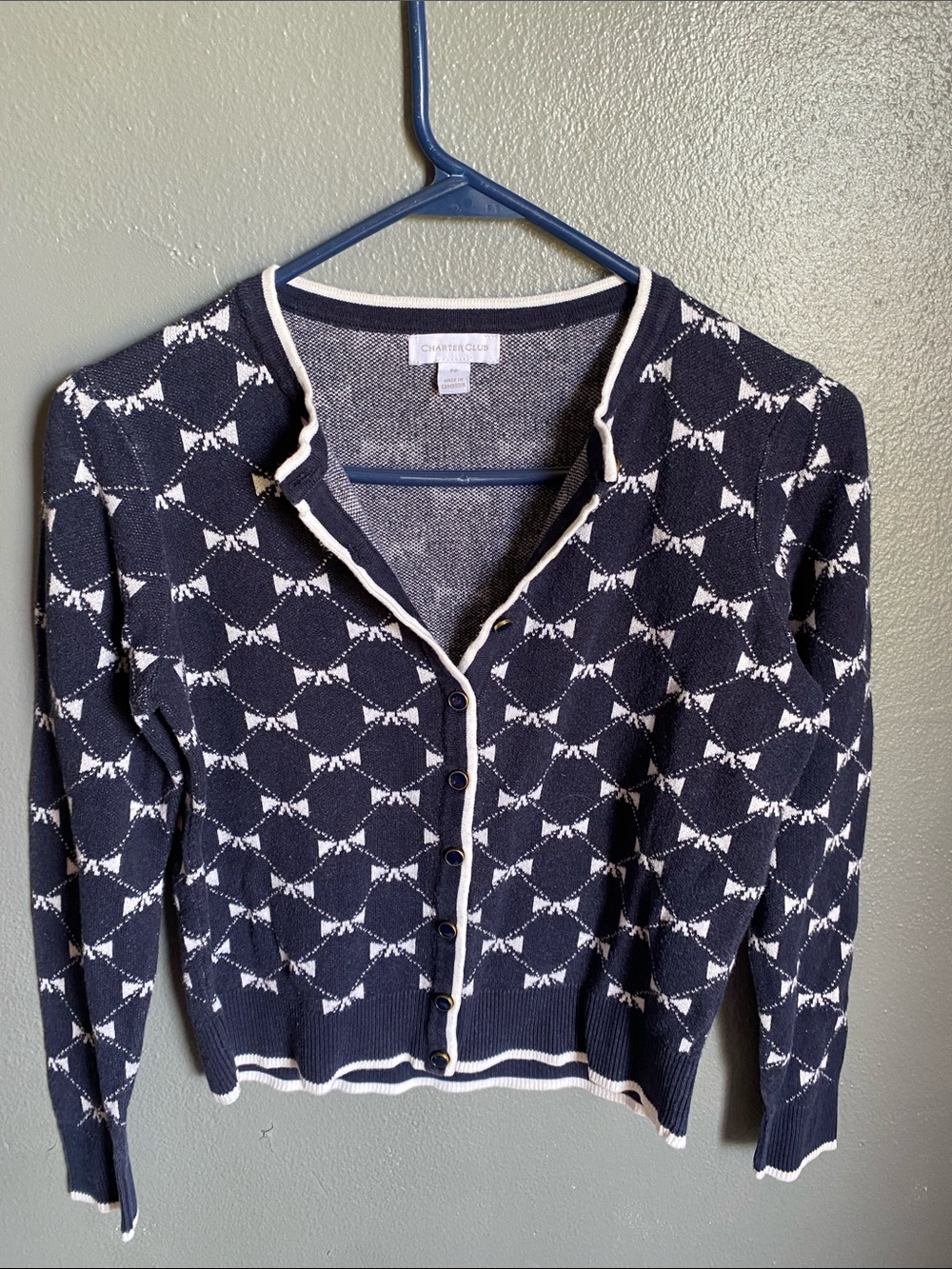 Charter Club Navy and White Geometric Button-Front Cardigan